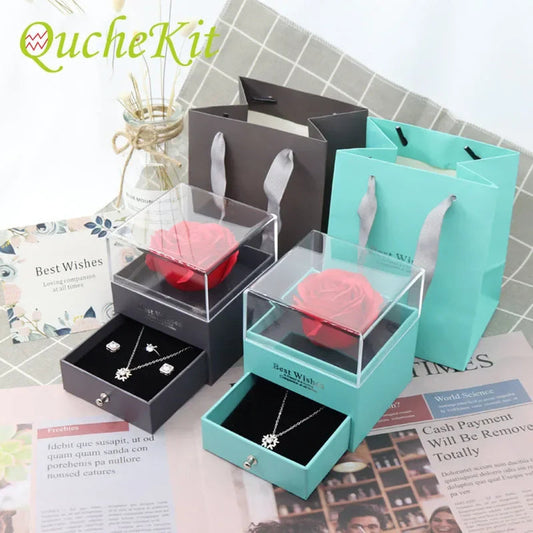 1 Rose Gift Box Artificial Flower Box+Carry Bag Ring Jewelry Storage Box Christmas Valentine's Day Mom Wedding Girlfriend Gifts Good Vibrations