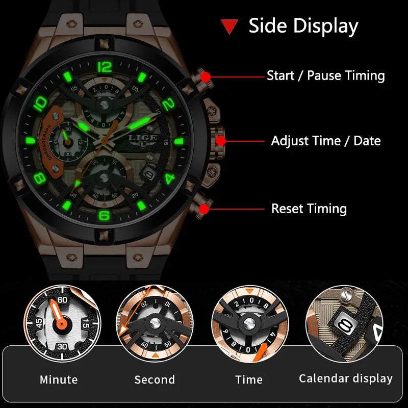 LIGE Luxury Military Men Watch Waterproof Luminous Date Sport Man Wristwatch Chronograph Silicone Strap Quartz Men's Watches Good Vibrations