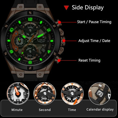 LIGE Luxury Military Men Watch Waterproof Luminous Date Sport Man Wristwatch Chronograph Silicone Strap Quartz Men's Watches Good Vibrations