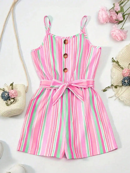 2026 children's clothing girls summer cute colorful striped casual button sleeveless suspender jumpsuit shorts Good Vibrations