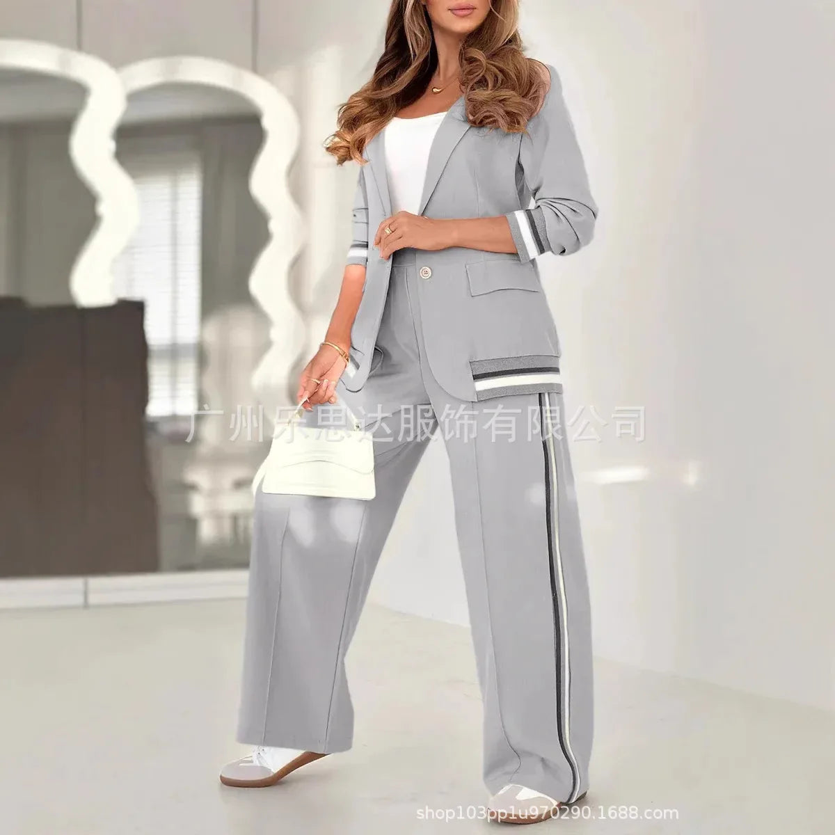 Women Suit Jacket 2 Piece Sets Striped Blazer Coat Turn Down Collar Single Breasted Wide Leg Pants Ensemble Office Lady Outfits Good Vibrations
