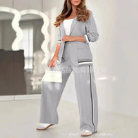 Women Suit Jacket 2 Piece Sets Striped Blazer Coat Turn Down Collar Single Breasted Wide Leg Pants Ensemble Office Lady Outfits Good Vibrations