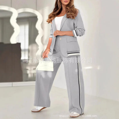 Women Suit Jacket 2 Piece Sets Striped Blazer Coat Turn Down Collar Single Breasted Wide Leg Pants Ensemble Office Lady Outfits Good Vibrations