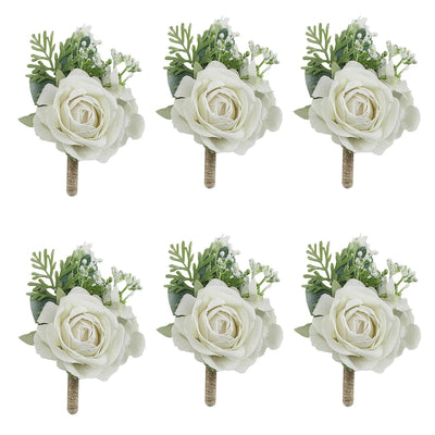 Boutonnieres Flowers Artificial Roses Silk White Ivory Corsage Buttonhole Groomsmen Boutonniere for Men Wedding Accessories