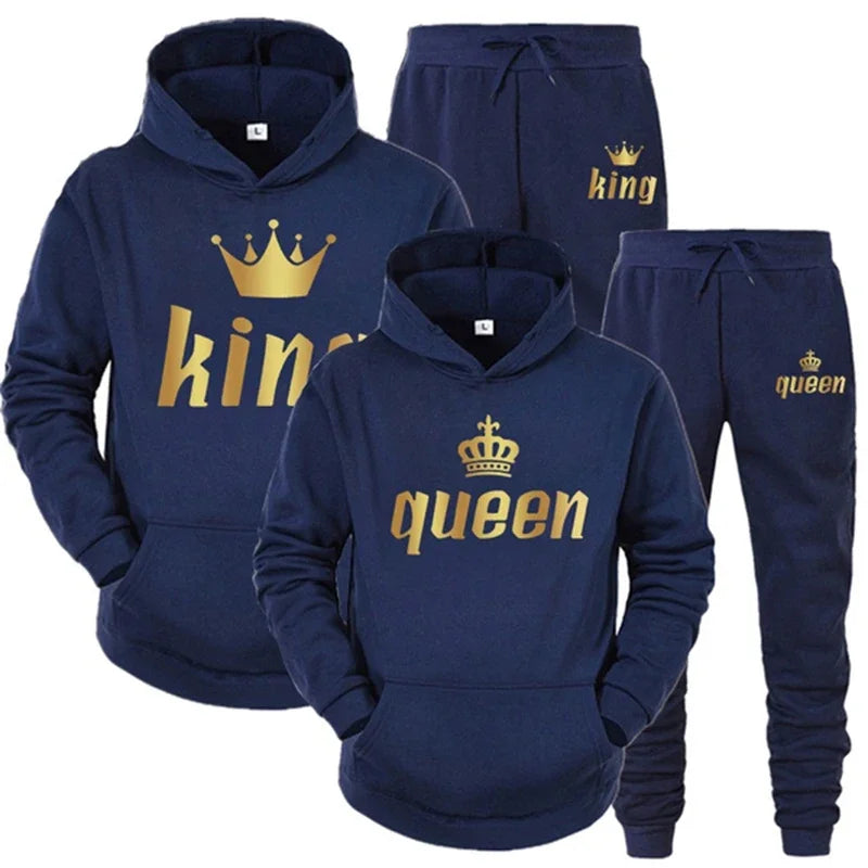 King And Queen Couple Outfit Hoodie and Jogger Pants High Quality Men Women Daily Casual Sport Jogging Suit King Queen Tracksuit Good Vibrations