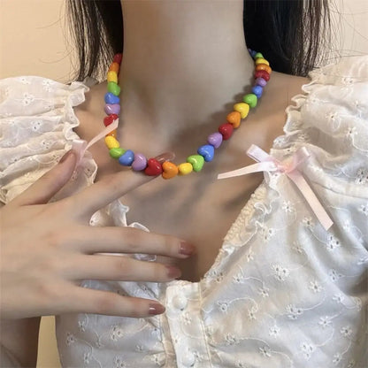 Chic Pride Rainbow Necklace Acrylic Love Adjustable Collarbone Chain Neck Jewelry Charm Heart Beaded Necklace Party Supplies Good Vibrations