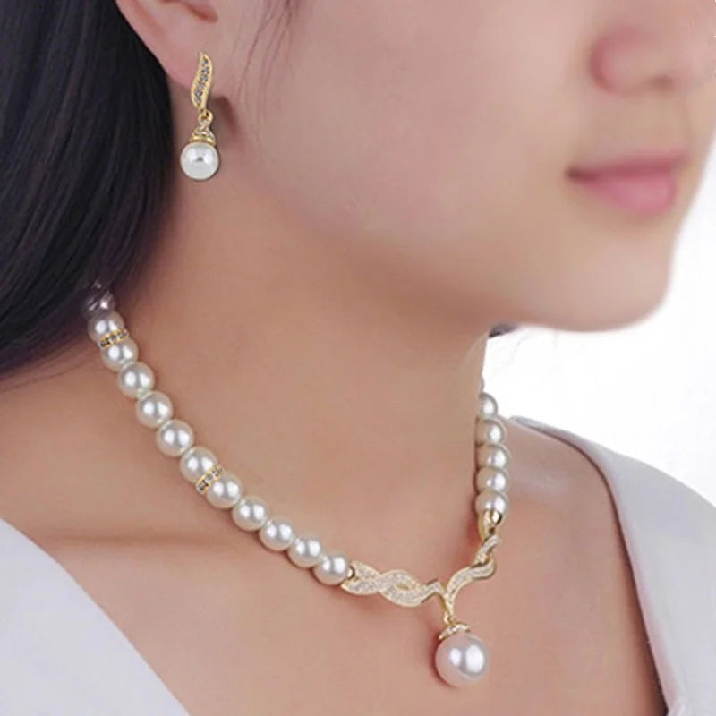 Creative Gold Color Necklace + 1 Pair Earrings Wedding Bridal Pearl Jewelry Set For Women Lady Female Good Vibrations Adult Super Store