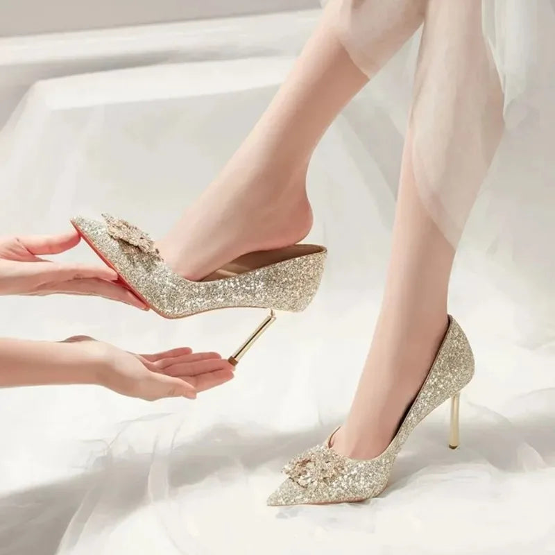 Womens High Heel Shoes Fad Elegant Crystal Pointed Toe Pumps Retro Shallow Mouth Banquet Party Wedding Women Shoes Zapatos Mujer Good Vibrations