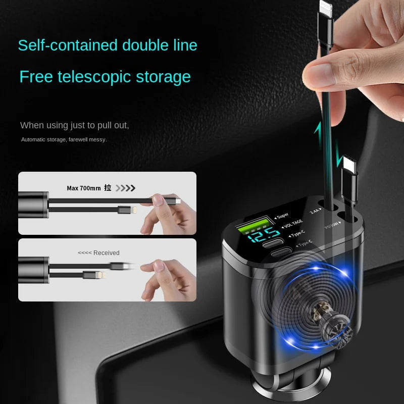 Car charger, car charger with retractable cable, car PD, car fast charging, super fast charging, flash charging, five in one cig Good Vibrations