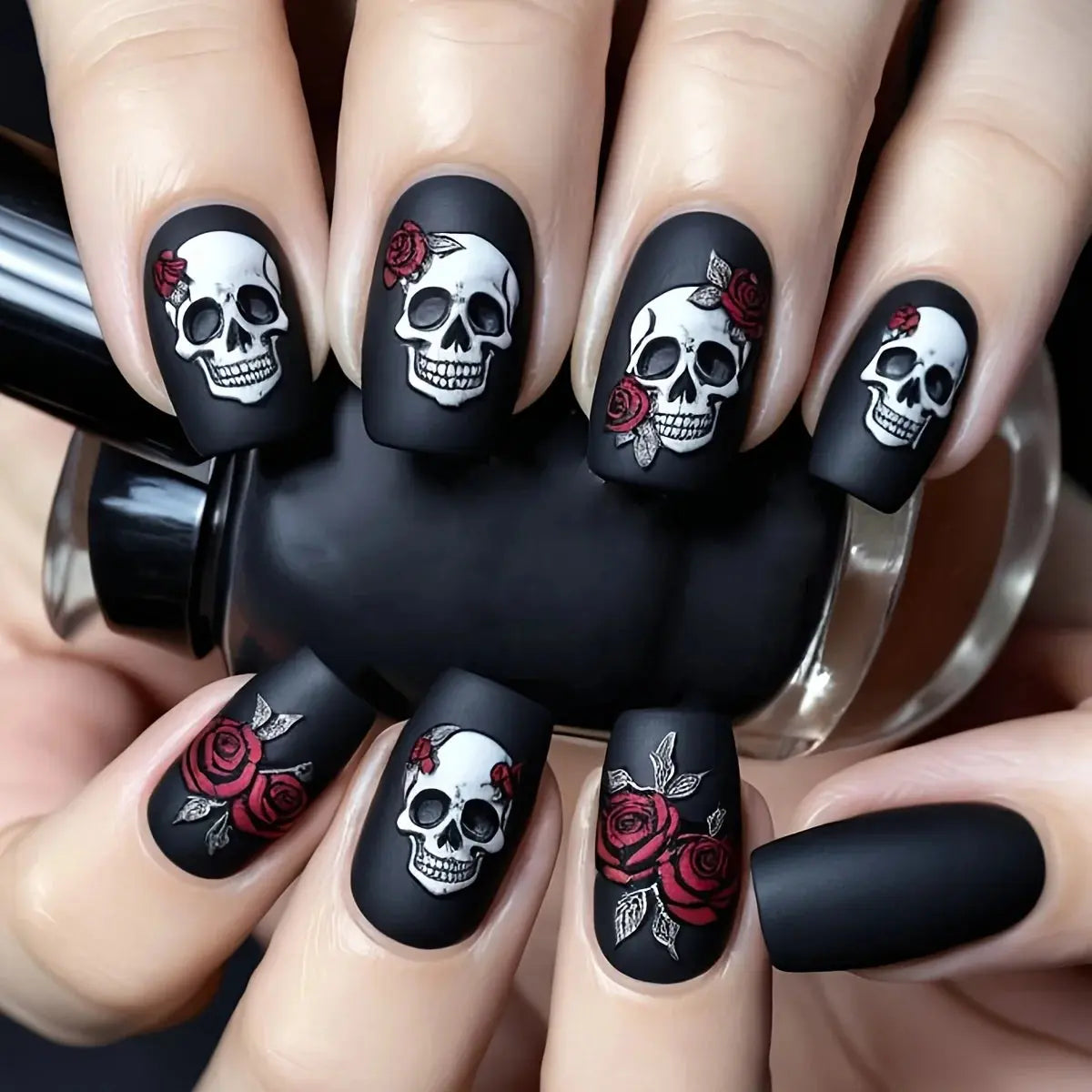 24pcs Halloween Nails Black Matte Rose Skull Print Design Full Coverage Press False Nails, for Women's Party Nail Art Decoration Good Vibrations