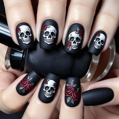 24pcs Halloween Nails Black Matte Rose Skull Print Design Full Coverage Press False Nails, for Women's Party Nail Art Decoration Good Vibrations