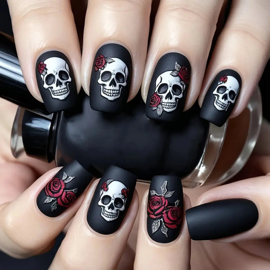 24pcs Halloween Nails Black Matte Rose Skull Print Design Full Coverage Press False Nails, for Women's Party Nail Art Decoration Good Vibrations