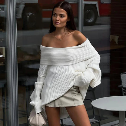 Trendix Long Sleeve Knit Sweater Women Autumn Winter Oversized Off Shoulder Pullover Street Fashion Vintage Loose Knitted Tops Good Vibrations