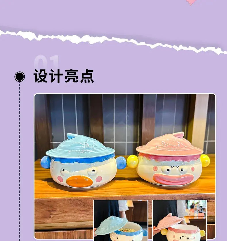 Clown Instant Noodle Bowl Ceramic Dormitory Student with Lid with Handle Convenient Soup Bowl Good Vibrations