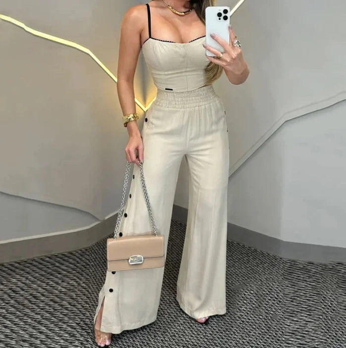 Two Piece Set for Woman 2025 Summer Casual Matching Sets Outfits Women's Sexy Tank Tops Elastic High Waist Wide Leg Pants Set Good Vibrations