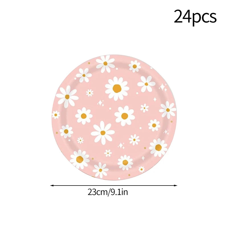 24pcs 7/9inch Pink Daisy Theme Disposable Tableware Flower Plate Napkin Straws Banner Birthday Party Baby Shower Wedding Decor Good Vibrations