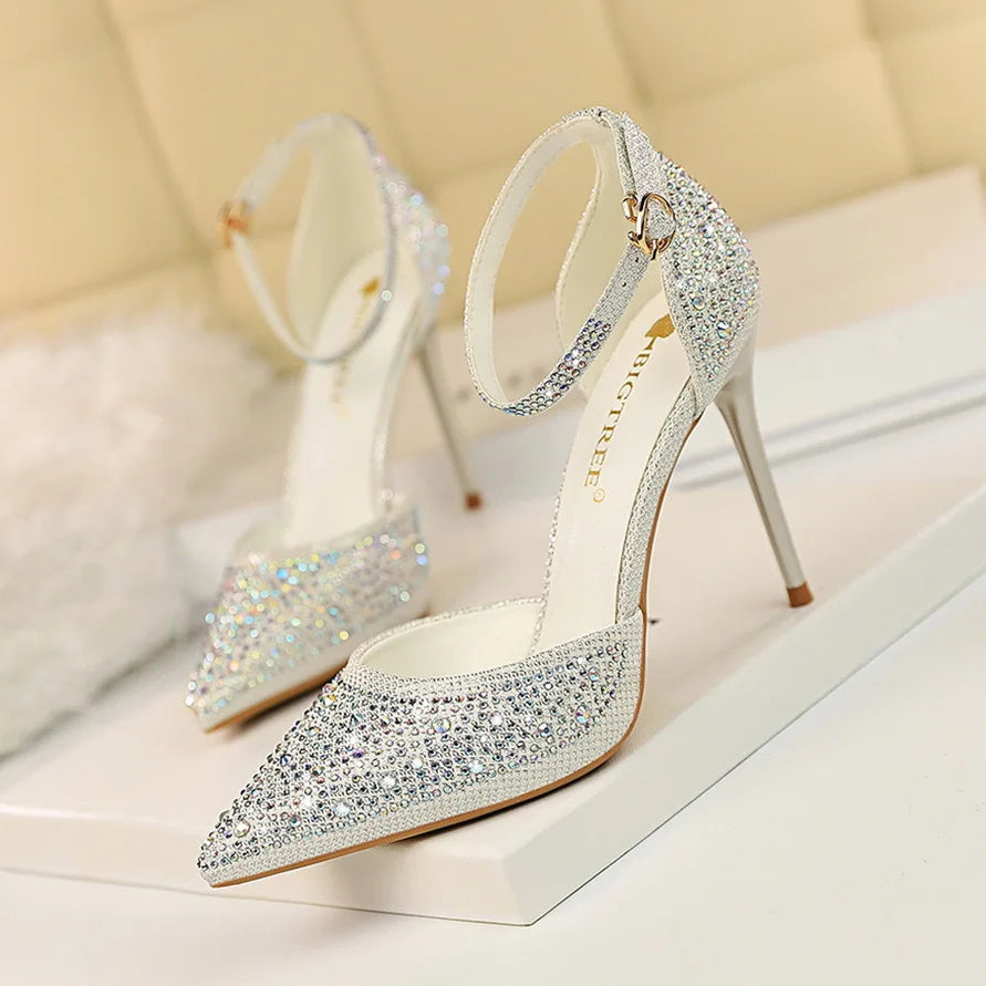 Rhinestone Women Pumps Sexy Stiletto Women High Heels Pointed Toe Women Heels Pumps Women Shoes Party Wedding Shoes Scarpe Donna Good Vibrations