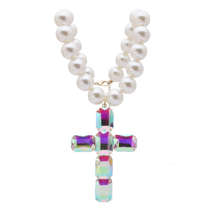 Fashionable and exaggerated large glass cross necklace pendant, luxurious Christmas gift jewelry Good Vibrations