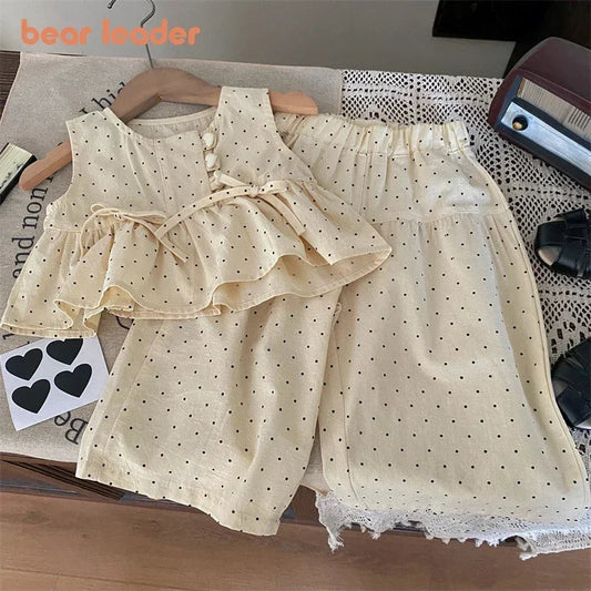 Bear Leader 2024 Summer New Girls' Clothing Polka Dot Love Single Breasted Top+ Pants 2P Set Girls' Clothing Children's Cute Set Good Vibrations