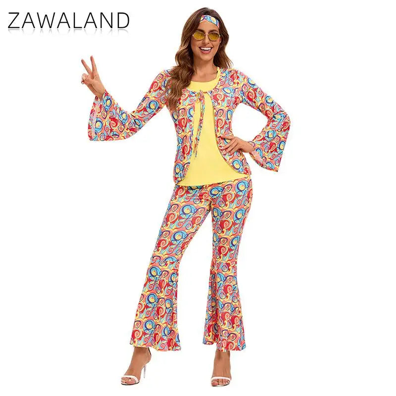 Couple Hippie Disco Costume 70S Vintage Top Pants Headband Dancer Set Carnival Fancy Outfit Indian Primitive Indigenous Clothes Good Vibrations