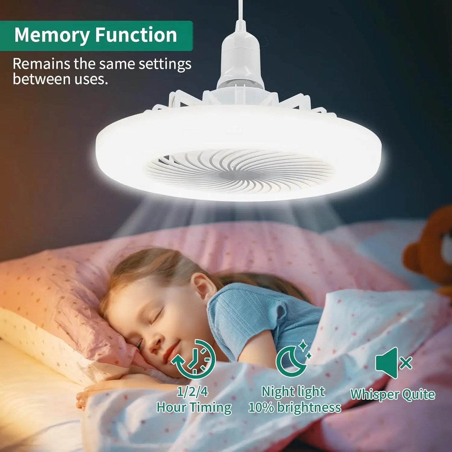 Socket Fan Ceiling Fan with Light, Portable 3 Wind Speeds 36w Ceiling Fan Socket with Remote, 3 Light Dimmable Small Fan Good Vibrations