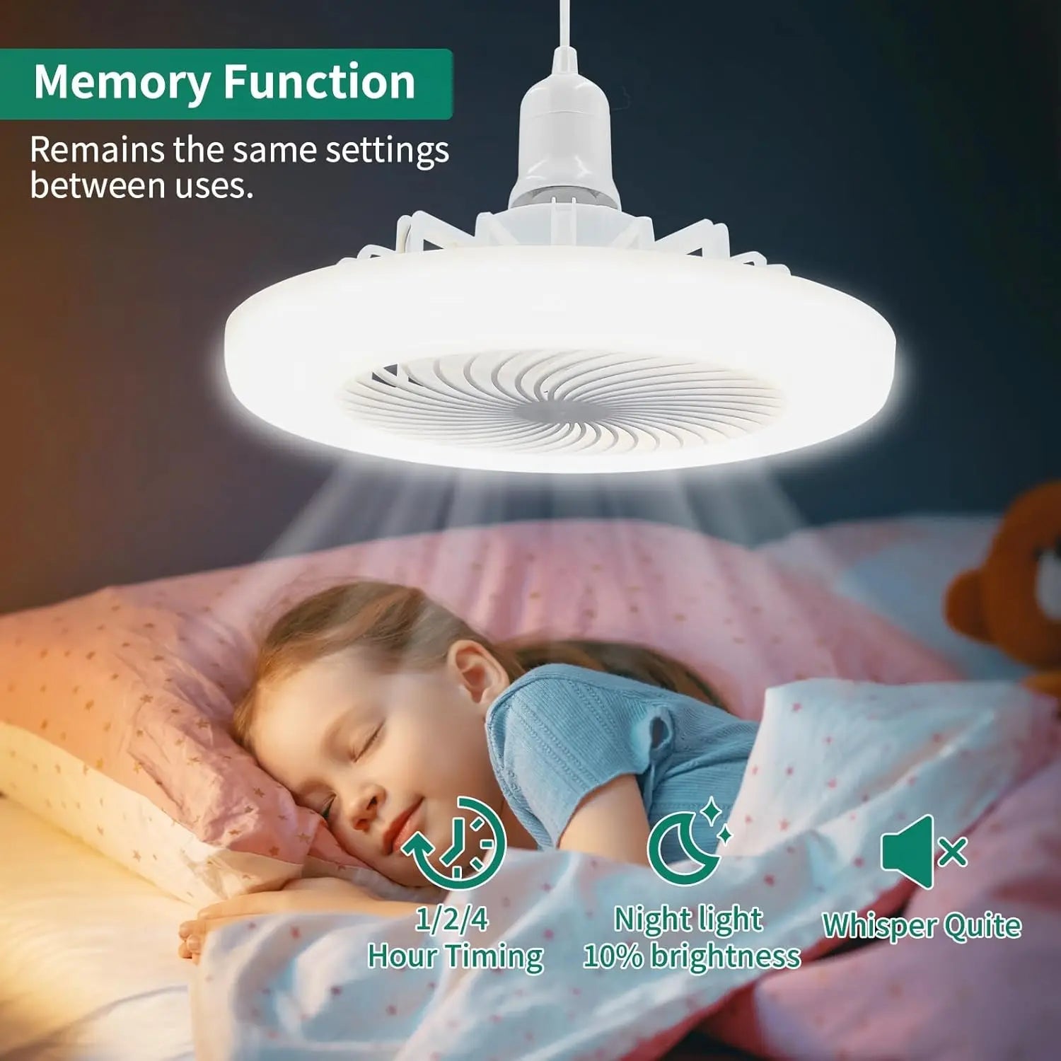 Socket Fan Ceiling Fan with Light, Portable 3 Wind Speeds 36w Ceiling Fan Socket with Remote, 3 Light Dimmable Small Fan Good Vibrations