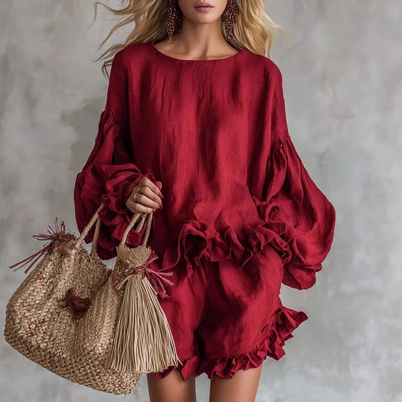 Bohemian Casual Vacation Outfits Woman Elegant O Neck Ruffle Hem Top And Beach Shorts Set Spring Solid Loose Fit Streetwear Suit Good Vibrations