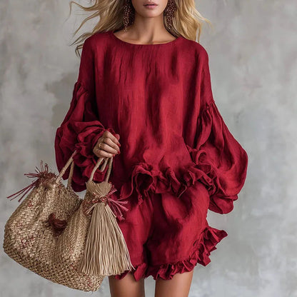 Bohemian Casual Vacation Outfits Woman Elegant O Neck Ruffle Hem Top And Beach Shorts Set Spring Solid Loose Fit Streetwear Suit Good Vibrations