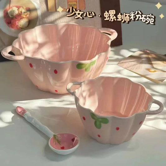 Cute Strawberry Ceramic Bowl Set For Home Use High Aesthetic Instant Noodles Salad Dessert Dining Tableware Kitchen Supplies Good Vibrations