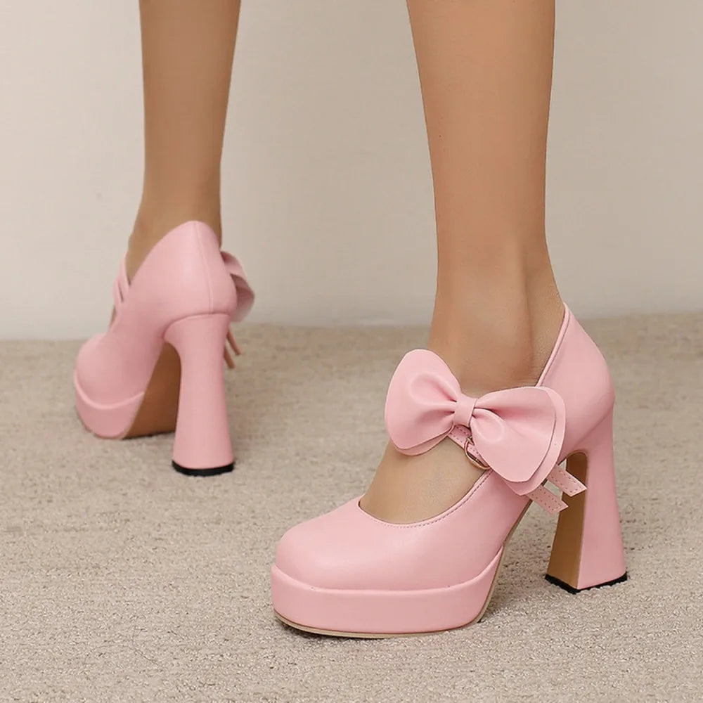 High Heels Women Spring Summer Elegant Fashion Bowknot Square Toe Party Dress Wedding Bride Platform Shoes Big Size 45 30-50 Good Vibrations