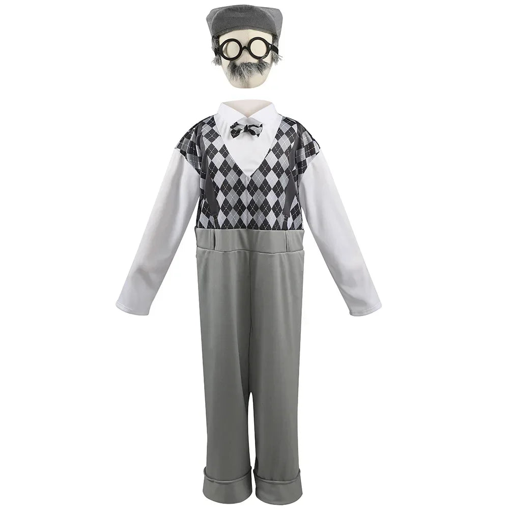Halloween Cosplay Old Man Costume for Kids 100th Day of School Grandpa Costume Accessories Including Hat Glasses Beard Gangster Good Vibrations