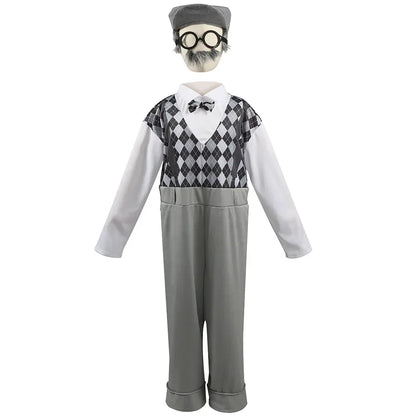 Halloween Cosplay Old Man Costume for Kids 100th Day of School Grandpa Costume Accessories Including Hat Glasses Beard Gangster Good Vibrations