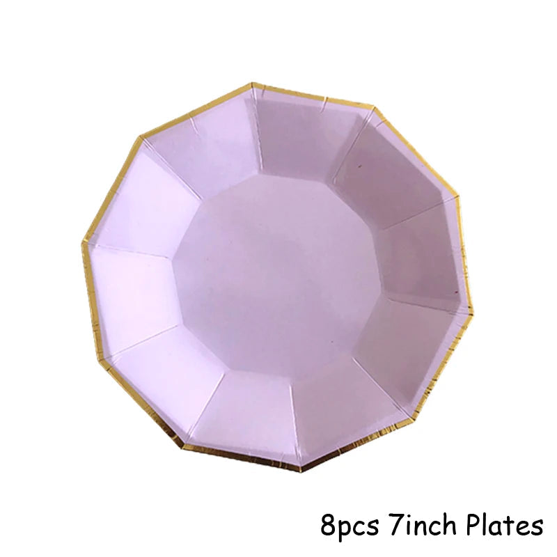 Purple Gold Party Paper Cup Plate Straw For Birthday Carnival Kids Favors Wedding Decor Disposable Tableware Party Supplies Good Vibrations
