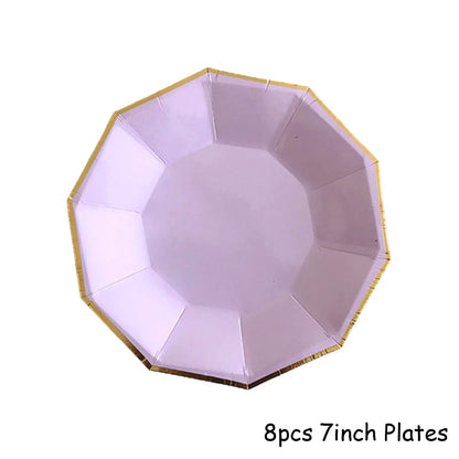 Purple Gold Party Paper Cup Plate Straw For Birthday Carnival Kids Favors Wedding Decor Disposable Tableware Party Supplies Good Vibrations