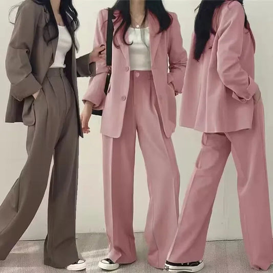 Classic Solid Color Women's Suit Set Fashion Loose Casual Design Spring Autumn Two-Piece Sets Office Long Sleeve Pocket Suits Good Vibrations