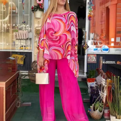 Women Fashion Trousers Two Piece Set For Women 2024 Summer Loose Casual Print Blouse Elegant 2 Piece Sets Woman Tops+Pants Suit Good Vibrations