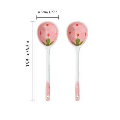 Kawaii Strawberry Ceramic Soup Spoon Cute Korean Ice Cream Hand Painted Coffee Dessert Long Handle Spoon Kitchen Accessories Good Vibrations