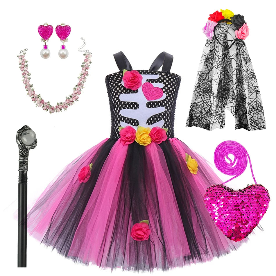 Halloween Kids Dress Cosplay Heart Print Skeleton Costumes Girls Floral Skull Tutu Clothes Children Carnival Performance Outfits Good Vibrations