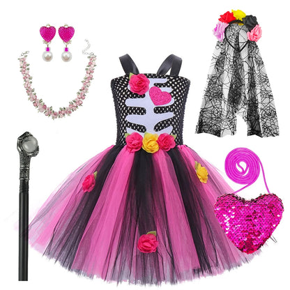 Halloween Kids Dress Cosplay Heart Print Skeleton Costumes Girls Floral Skull Tutu Clothes Children Carnival Performance Outfits Good Vibrations