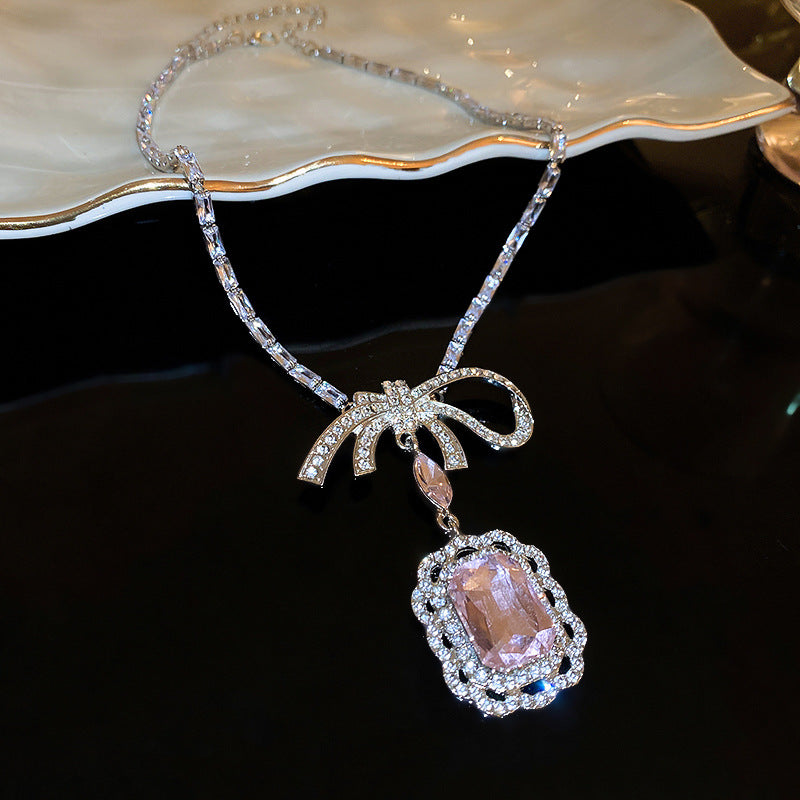 Inlaid Rhinestone Necklace Earrings Two Pcs Set Zircon Square Bow Jewelry Sets Light Luxury Fashion High Sense Accessories Gifts Good Vibrations Adult Super Store