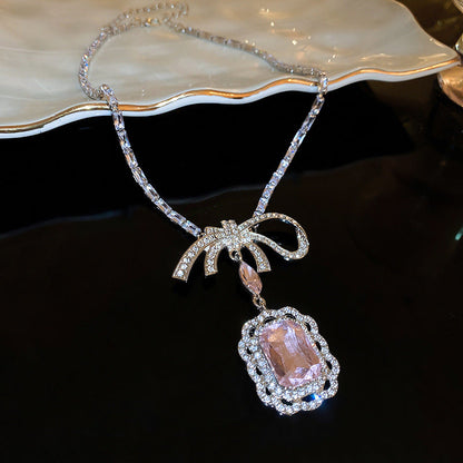 Inlaid Rhinestone Necklace Earrings Two Pcs Set Zircon Square Bow Jewelry Sets Light Luxury Fashion High Sense Accessories Gifts Good Vibrations Adult Super Store