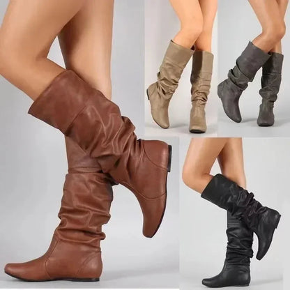 2024 Mid-Calf Boots Women Flat Shoes Spring Autumn Women High Boots Long Western Cowboy Boots Women Footwear Large size 35-43 Good Vibrations