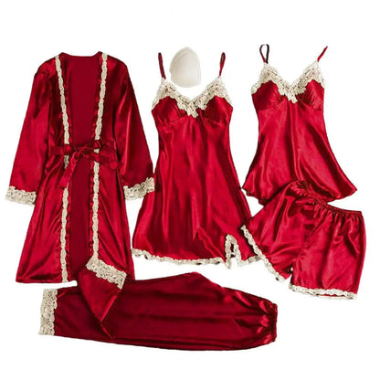 5 Pcs/Set Women Pajamas Set Nightgown Nightdress Top Shorts Pants Set Silky Satin Lace Lace-up Waist Thin Homewear Sleepwear Set Good Vibrations