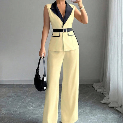 Women's Office Lady Ensemble Outfit Autumn Sleeveless Straight Leg Pants Set Classy Bandeau Elegant Style Top And Vest 2 Set Good Vibrations
