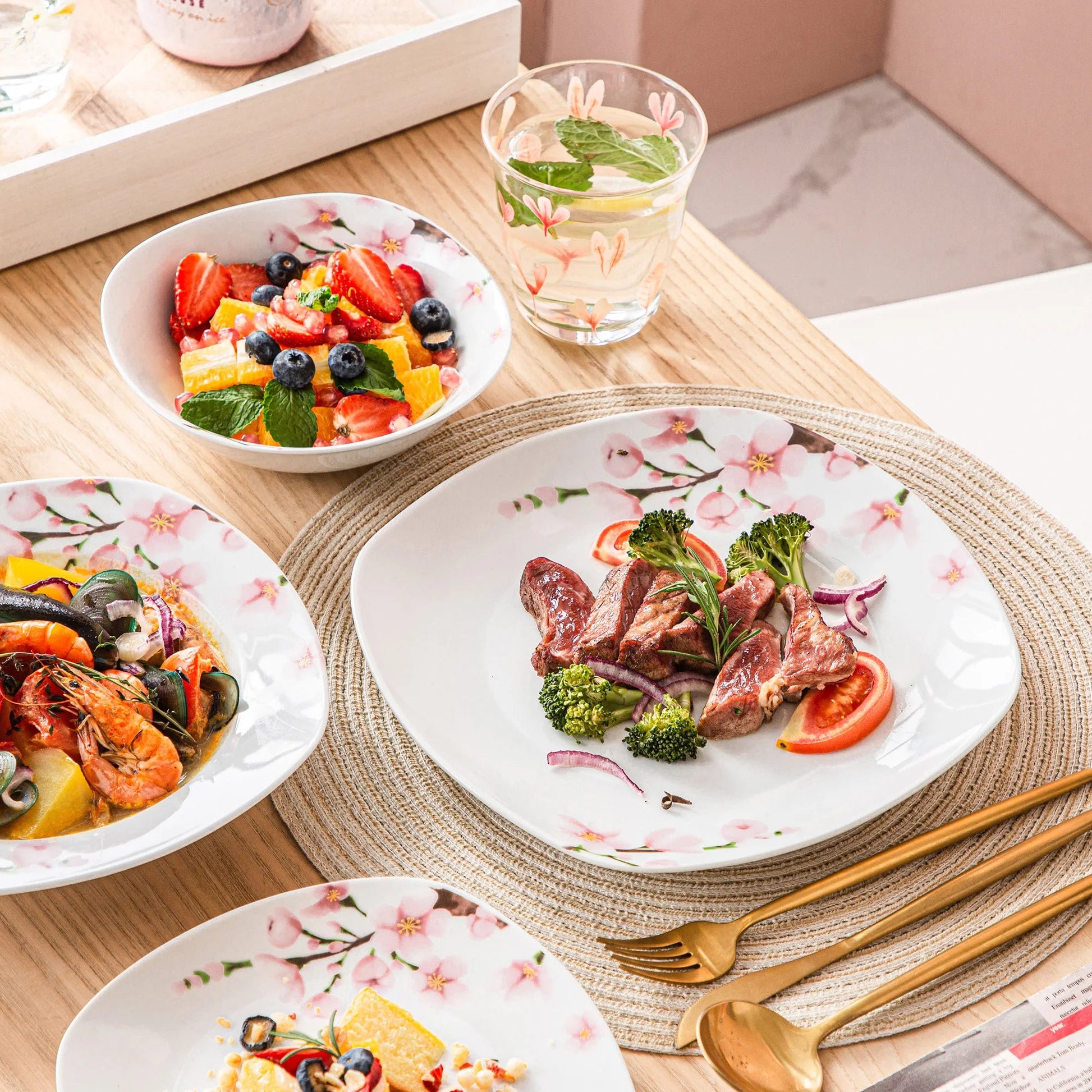 VEWEET ANNIE 48-Piece Porcelain Ceramic Tableware Dinner Plate Set with Bowl,Dessert Plate,Soup Plate,Dinner Plate for 12 Person Good Vibrations