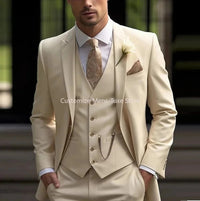 New Beige Suit Men Business Tuxedos Formal 3 Piece Set Jacket Vest Pants Single Breasted Groom Groomsman Prom Wedding Party Good Vibrations