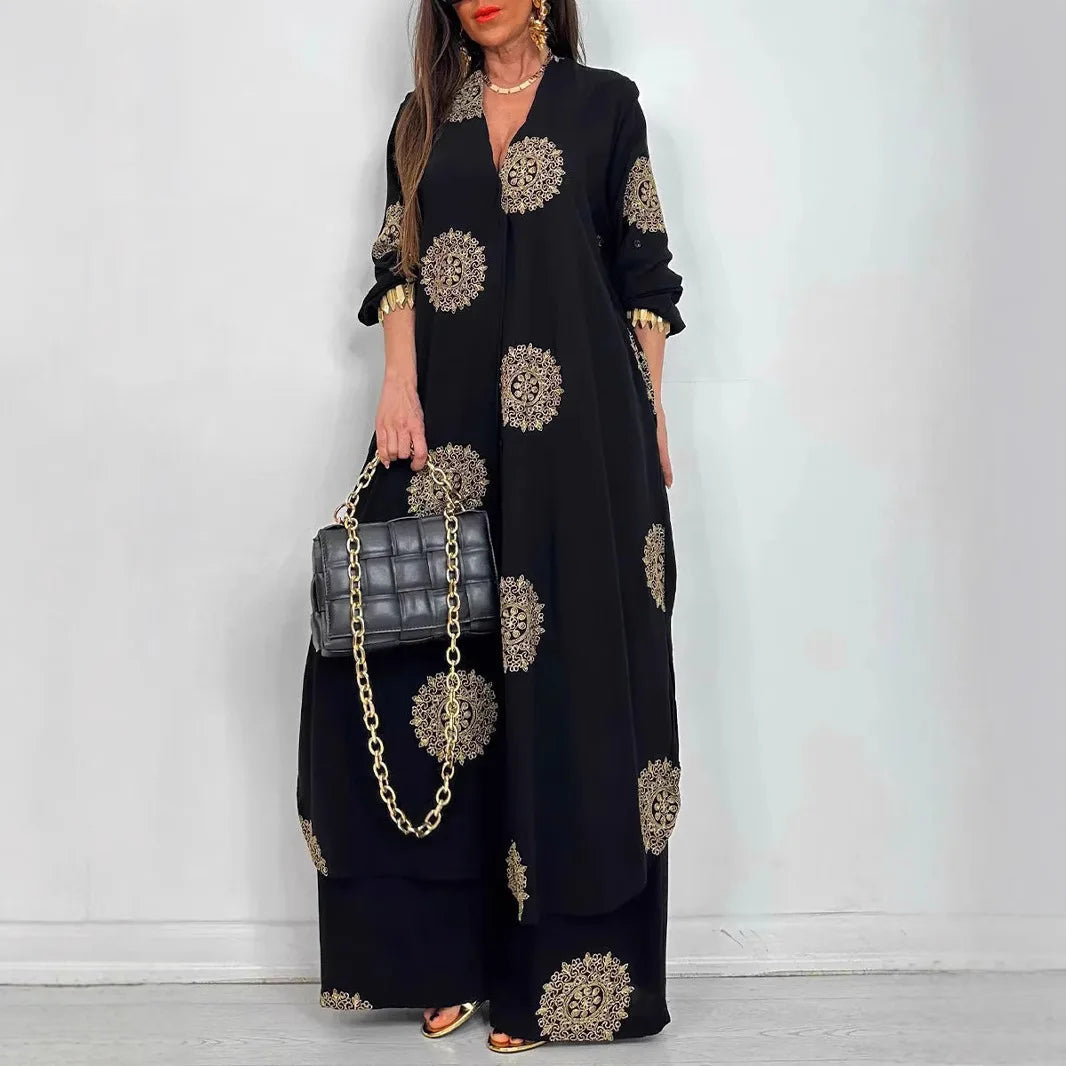 Robe Outfit Vintage Bohemia Loose Long Printed Robe Set Casual Button Shirt Blouses Wide Legs Pants Oversized Two-piece Outfit Good Vibrations