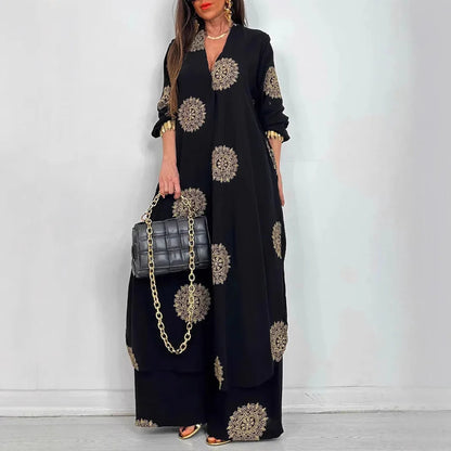 Robe Outfit Vintage Bohemia Loose Long Printed Robe Set Casual Button Shirt Blouses Wide Legs Pants Oversized Two-piece Outfit Good Vibrations