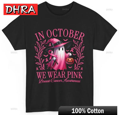 In October We Wear Pink Breast Cancer Awareness Halloween T-Shirt Creative Minimalist Cute Tee Y2K Compression Back To School