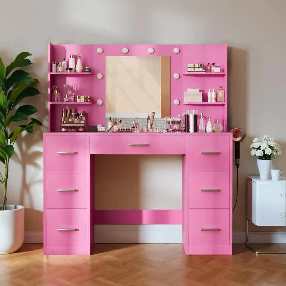 Vanity Desk with Mirror, LED Lights and Power Outlet Makeup Vanity Table with 7 Drawers and 6 Storage Shelves Dressing Table fo Good Vibrations